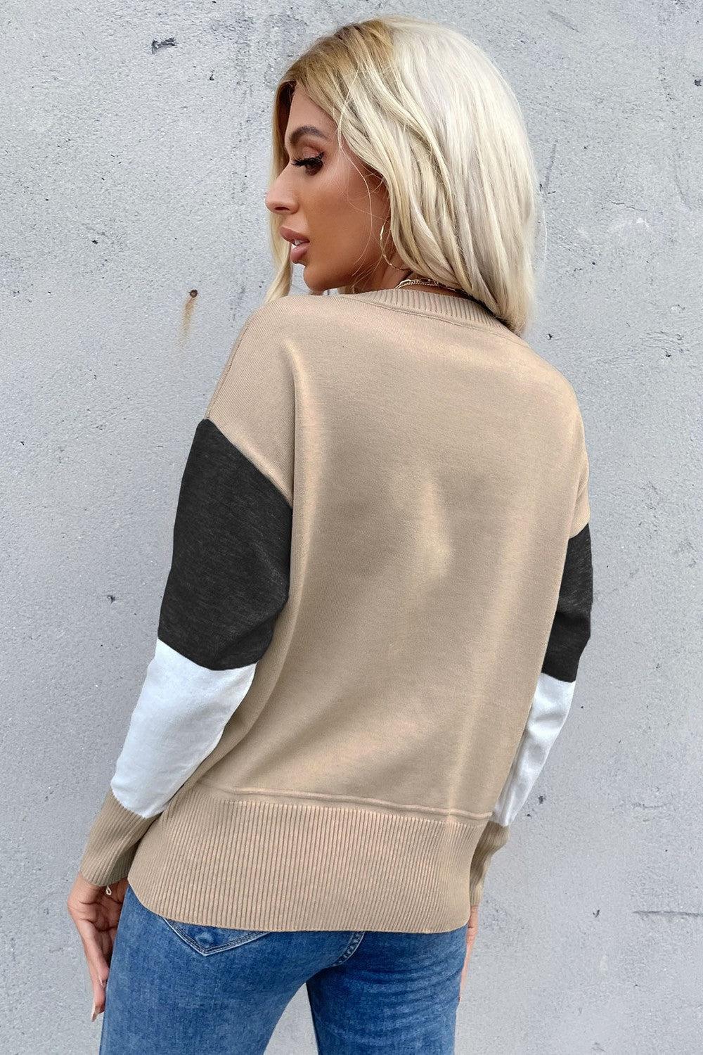 Color Block Ribbed Trim Round Neck Knit Pullover BLUE ZONE PLANET