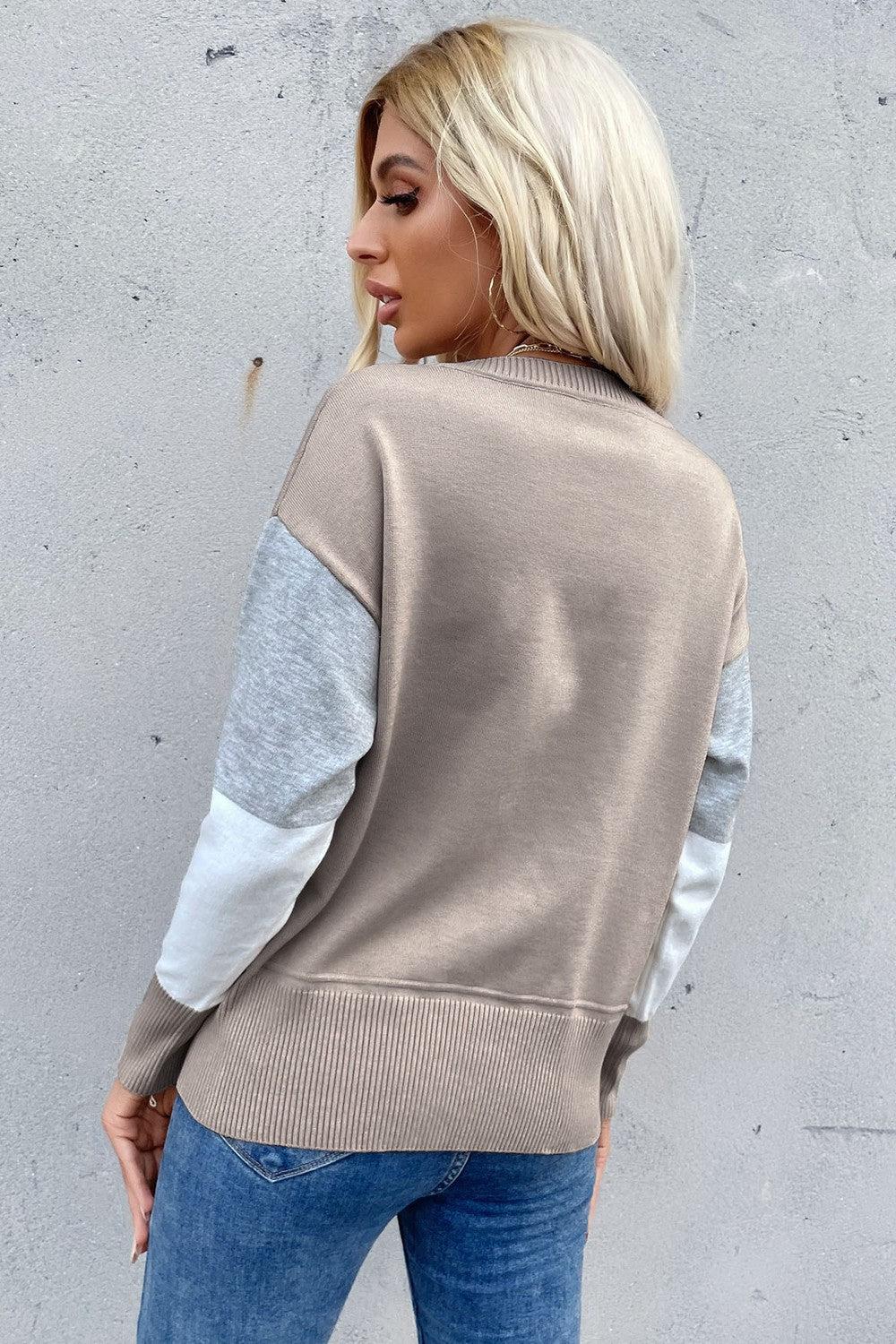 Color Block Ribbed Trim Round Neck Knit Pullover BLUE ZONE PLANET
