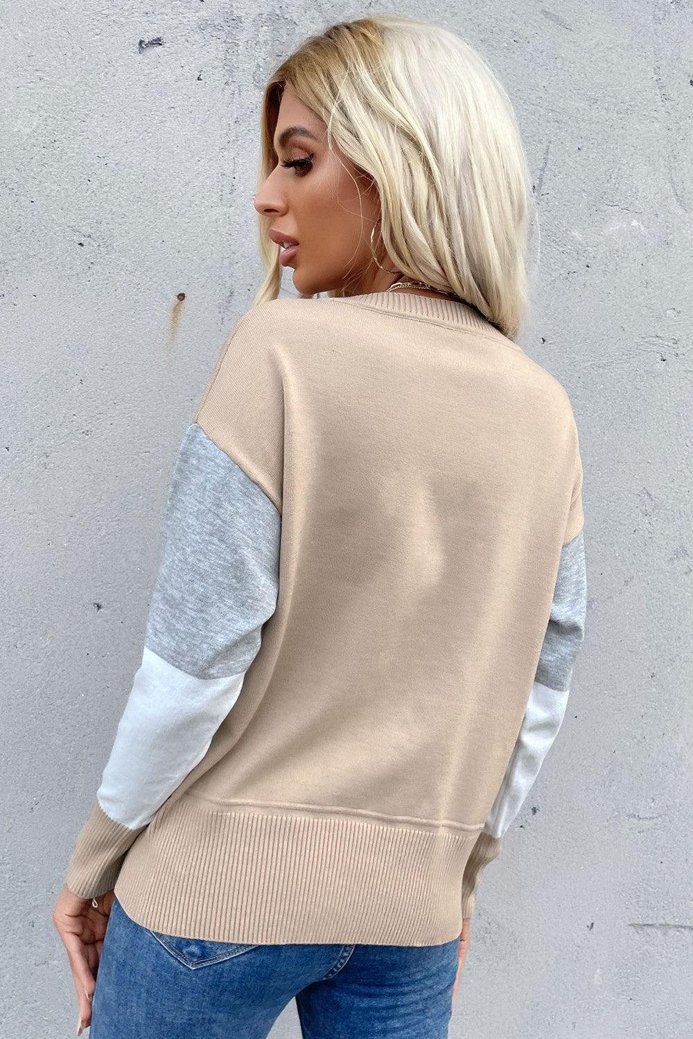 Color Block Ribbed Trim Round Neck Knit Pullover BLUE ZONE PLANET