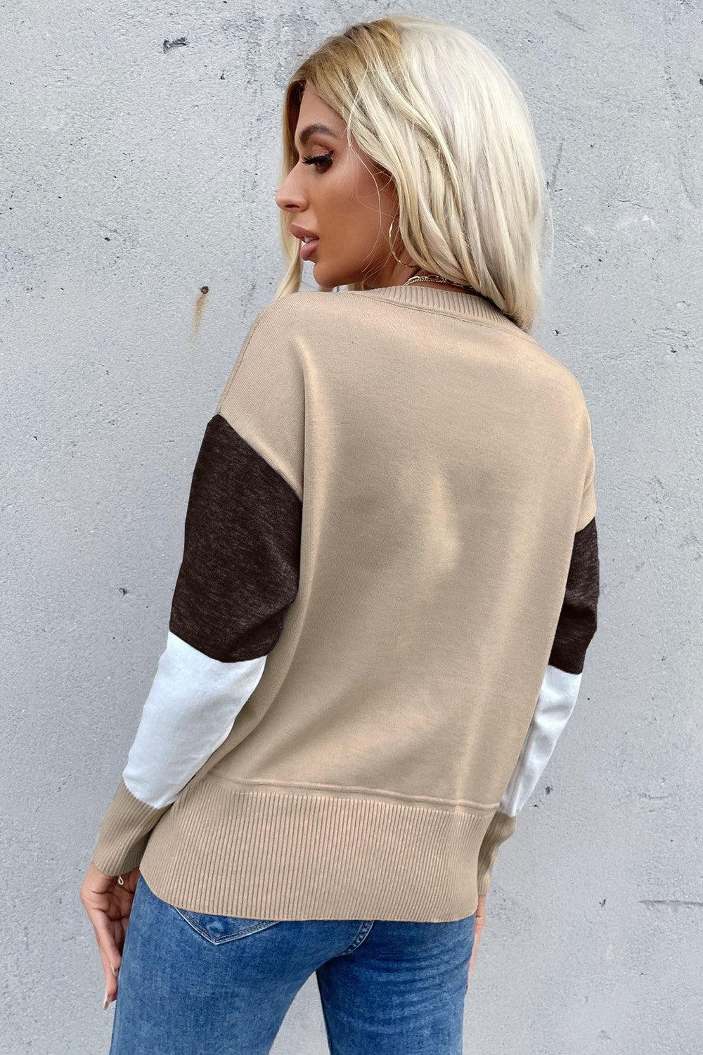 Color Block Ribbed Trim Round Neck Knit Pullover BLUE ZONE PLANET