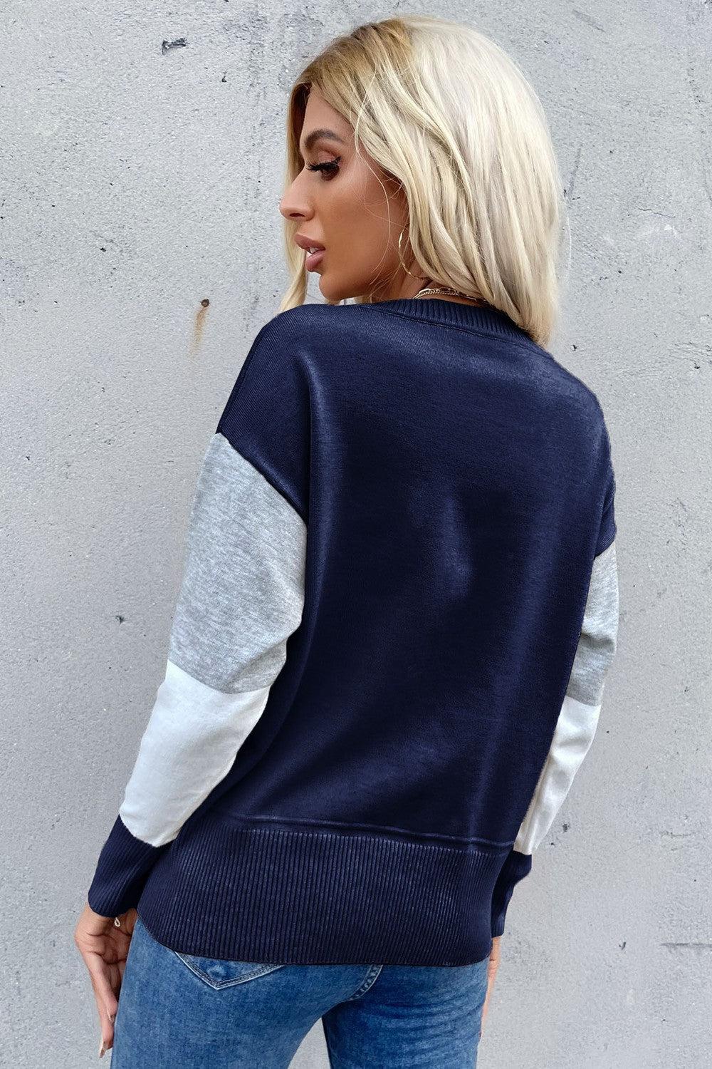 Color Block Ribbed Trim Round Neck Knit Pullover BLUE ZONE PLANET