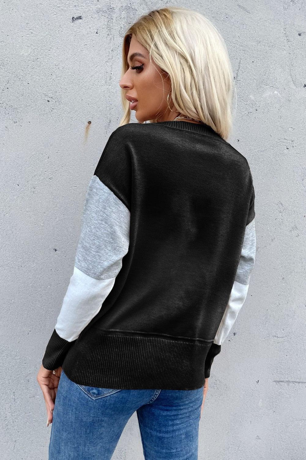 Color Block Ribbed Trim Round Neck Knit Pullover BLUE ZONE PLANET