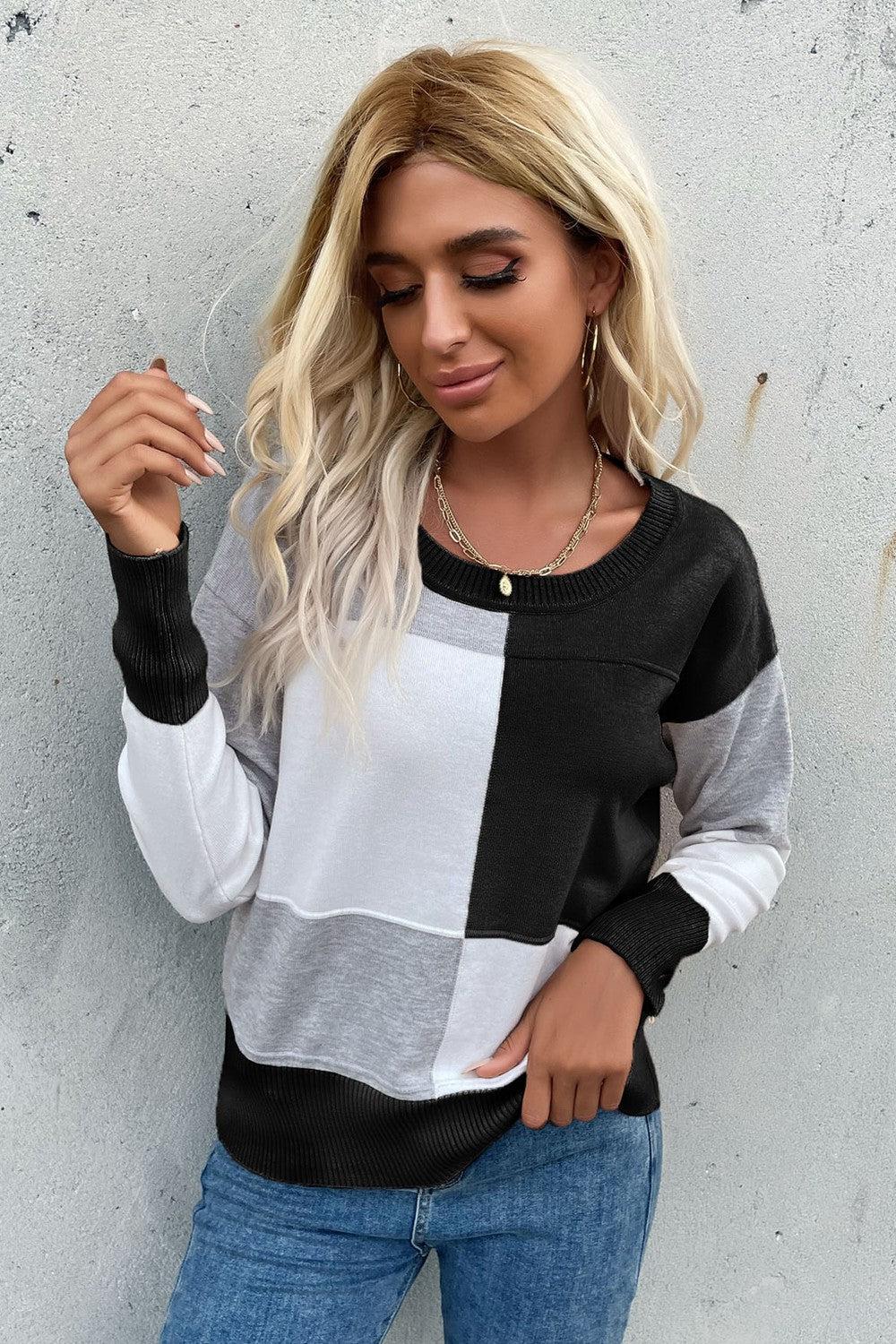 Color Block Ribbed Trim Round Neck Knit Pullover BLUE ZONE PLANET