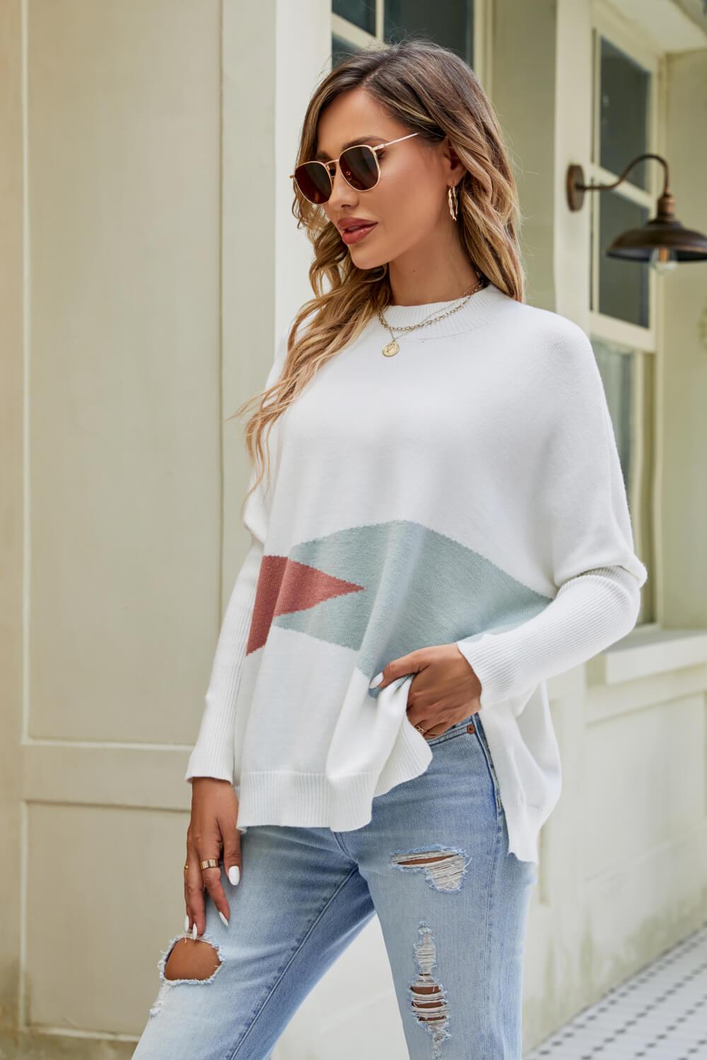 Color Block Round Neck Side Slit Sweater BLUE ZONE PLANET