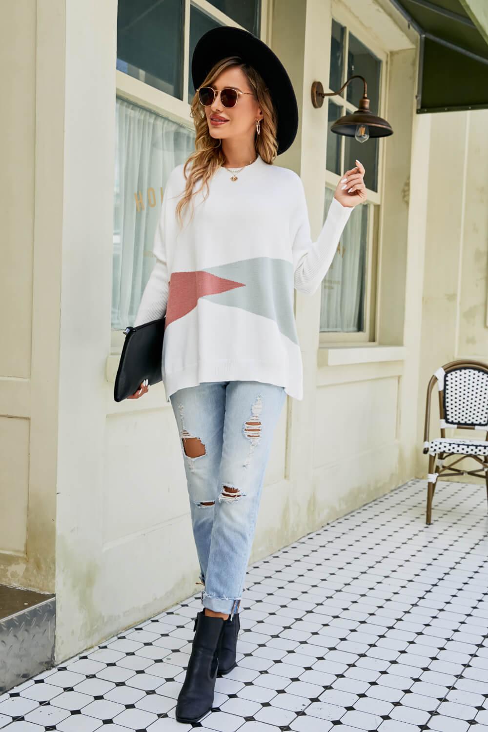 Color Block Round Neck Side Slit Sweater BLUE ZONE PLANET