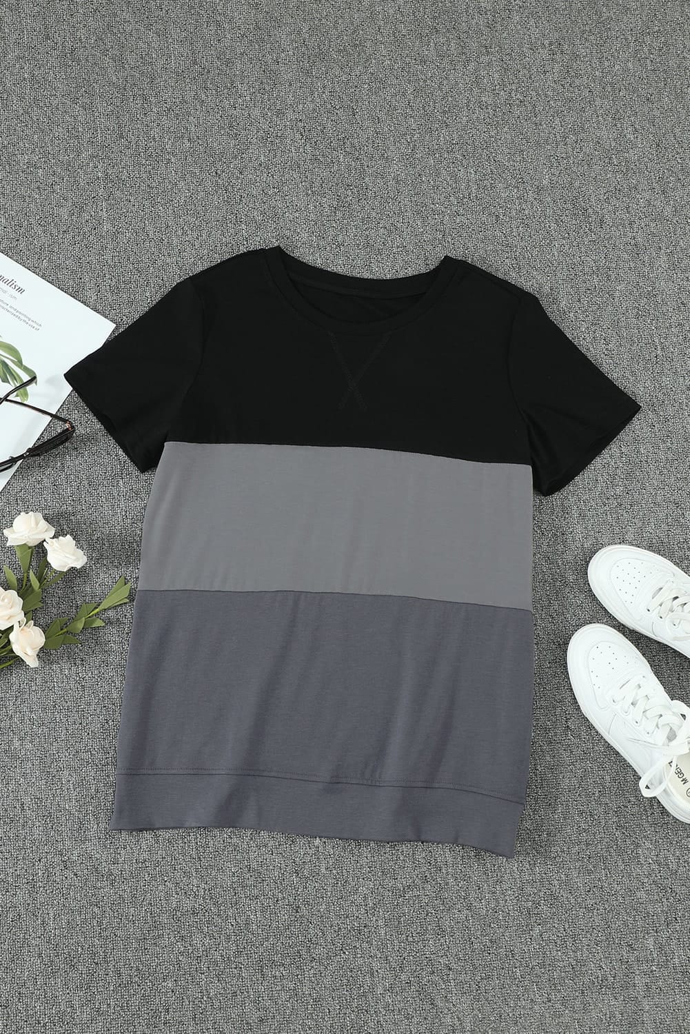 Color Block Side Slit Round Neck T-Shirt BLUE ZONE PLANET