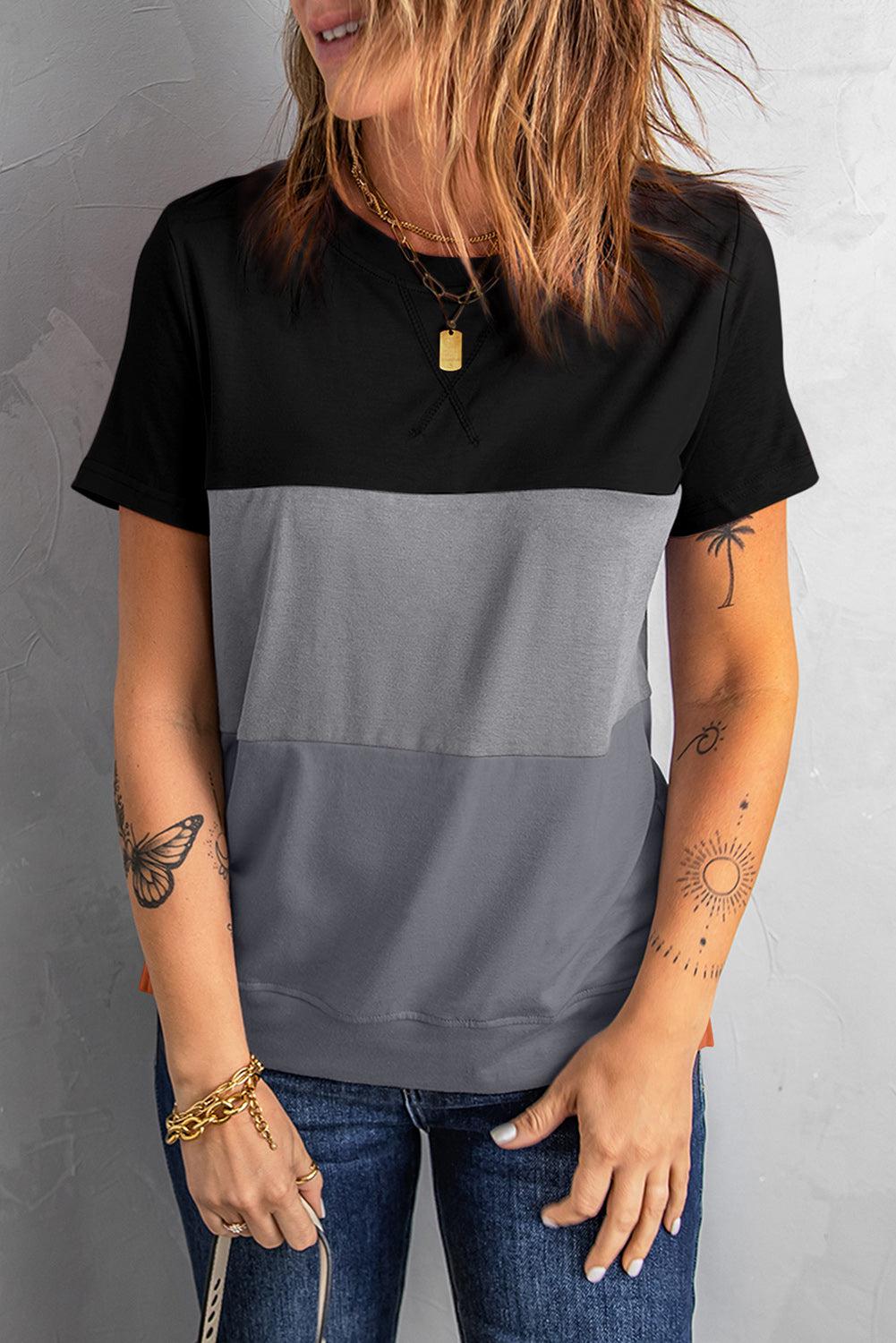 Color Block Side Slit Round Neck T-Shirt BLUE ZONE PLANET