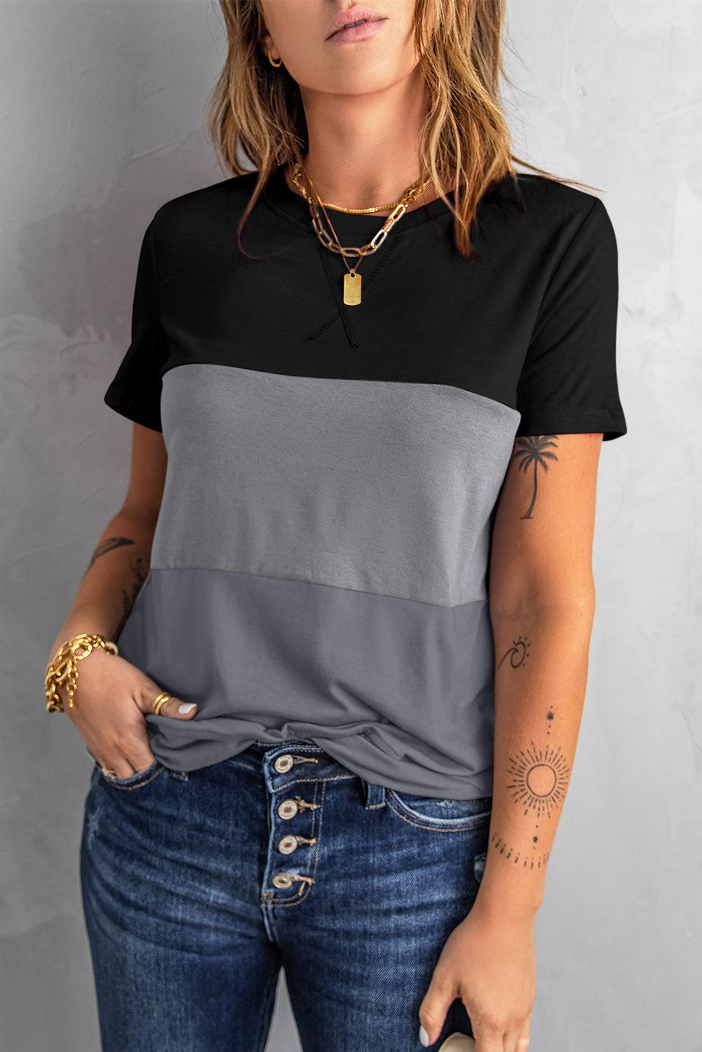 Color Block Side Slit Round Neck T-Shirt BLUE ZONE PLANET