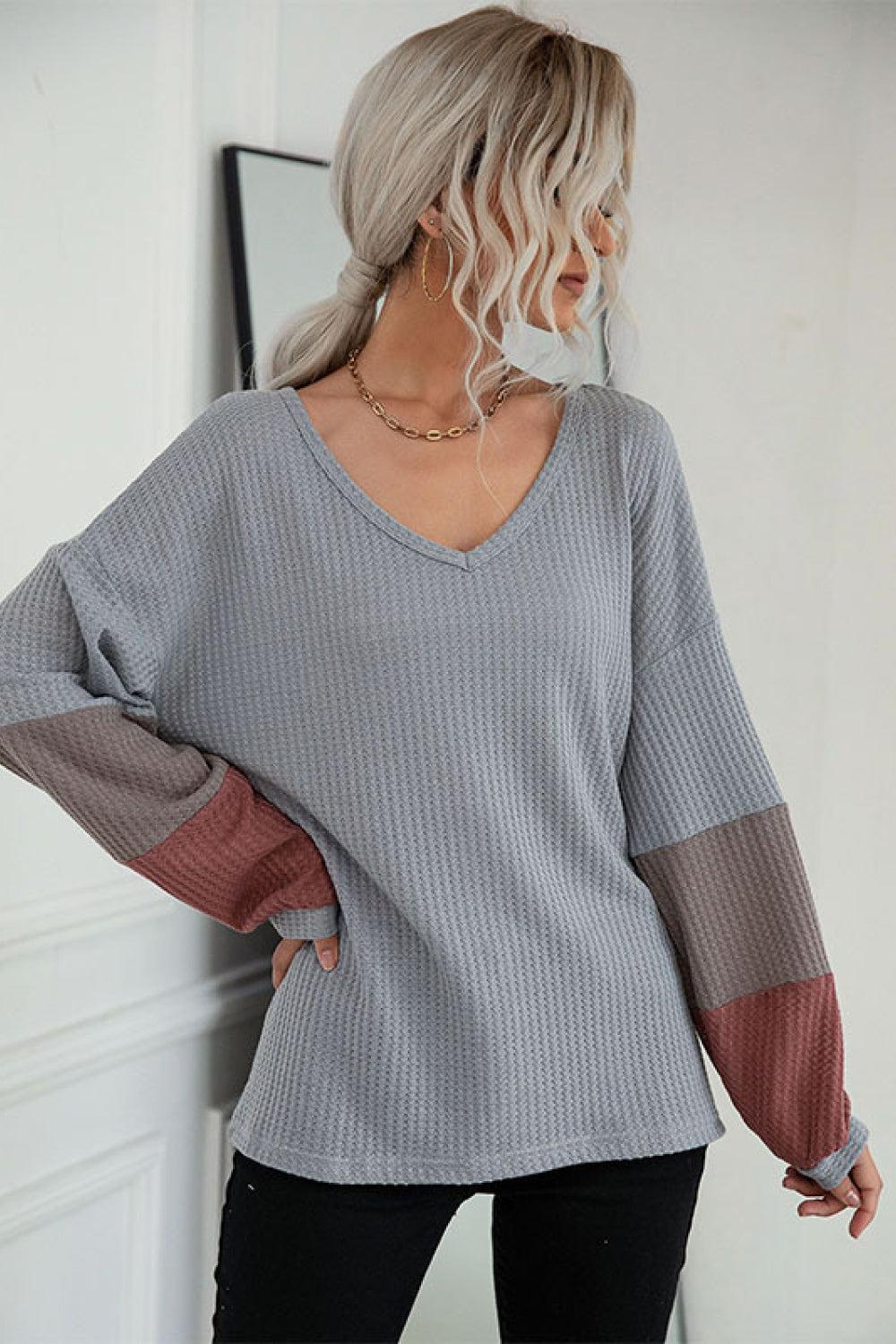 Color Block Sleeve Waffle Knit Tee BLUE ZONE PLANET