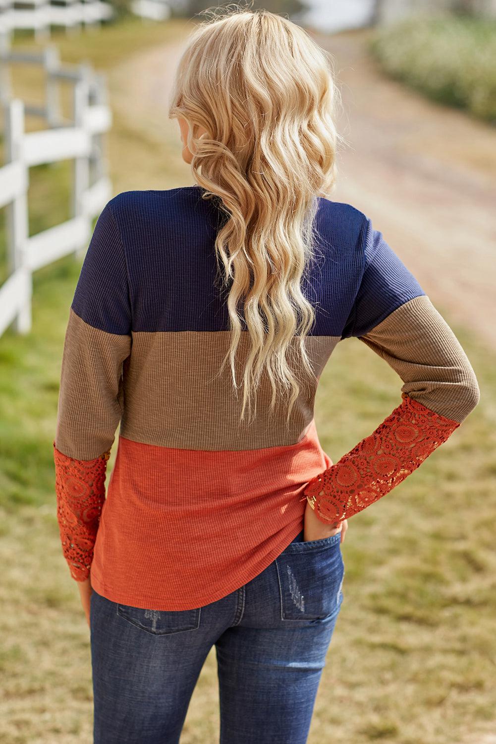Color Block Spliced Lace Sleeve Ribbed Top BLUE ZONE PLANET