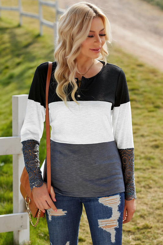 Color Block Spliced Lace Sleeve Ribbed Top BLUE ZONE PLANET