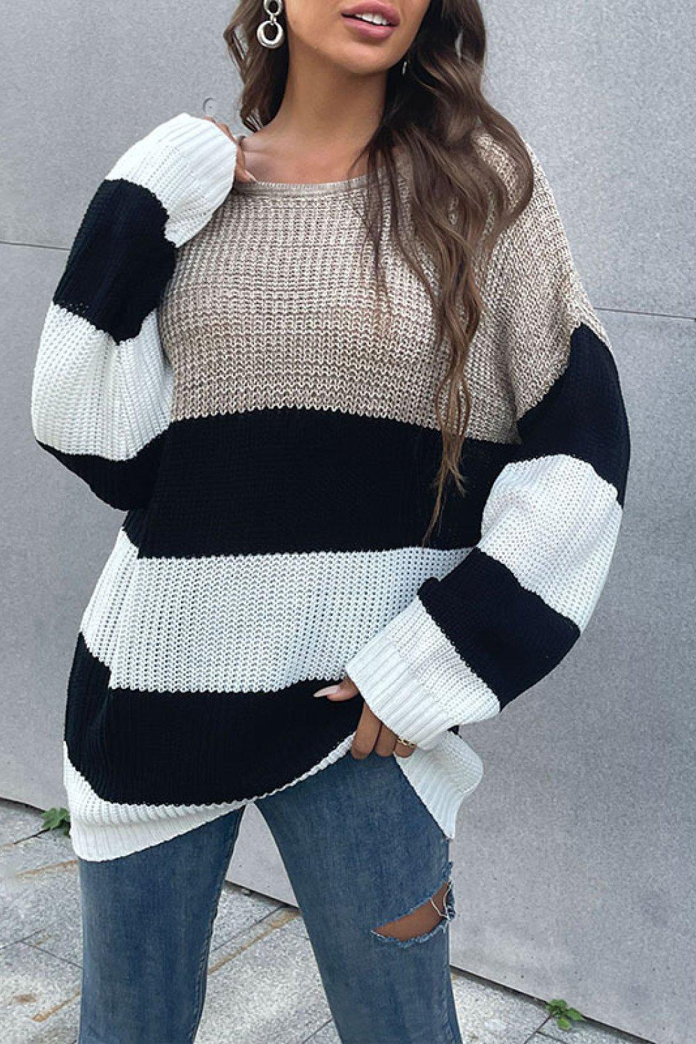 Color Block Striped Long Sleeve Sweater BLUE ZONE PLANET