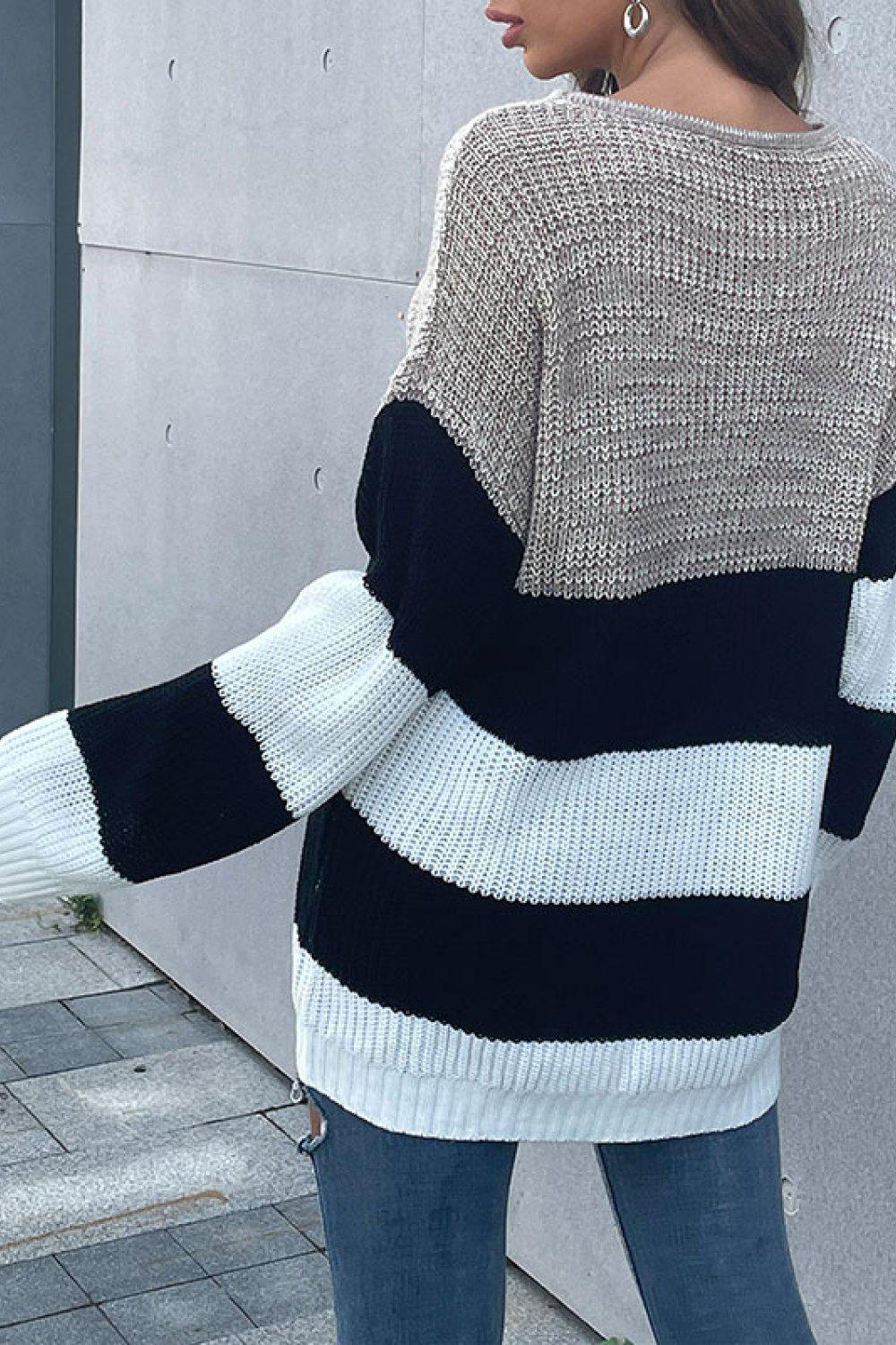 Color Block Striped Long Sleeve Sweater BLUE ZONE PLANET