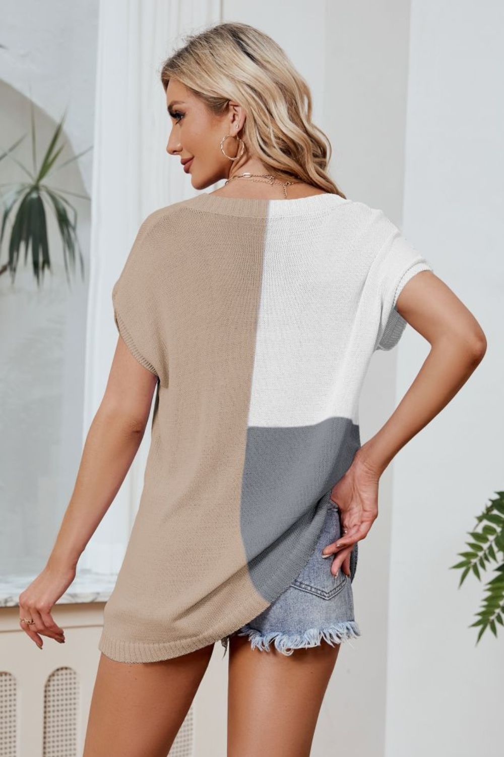 Color Block V-Neck Knit Top BLUE ZONE PLANET