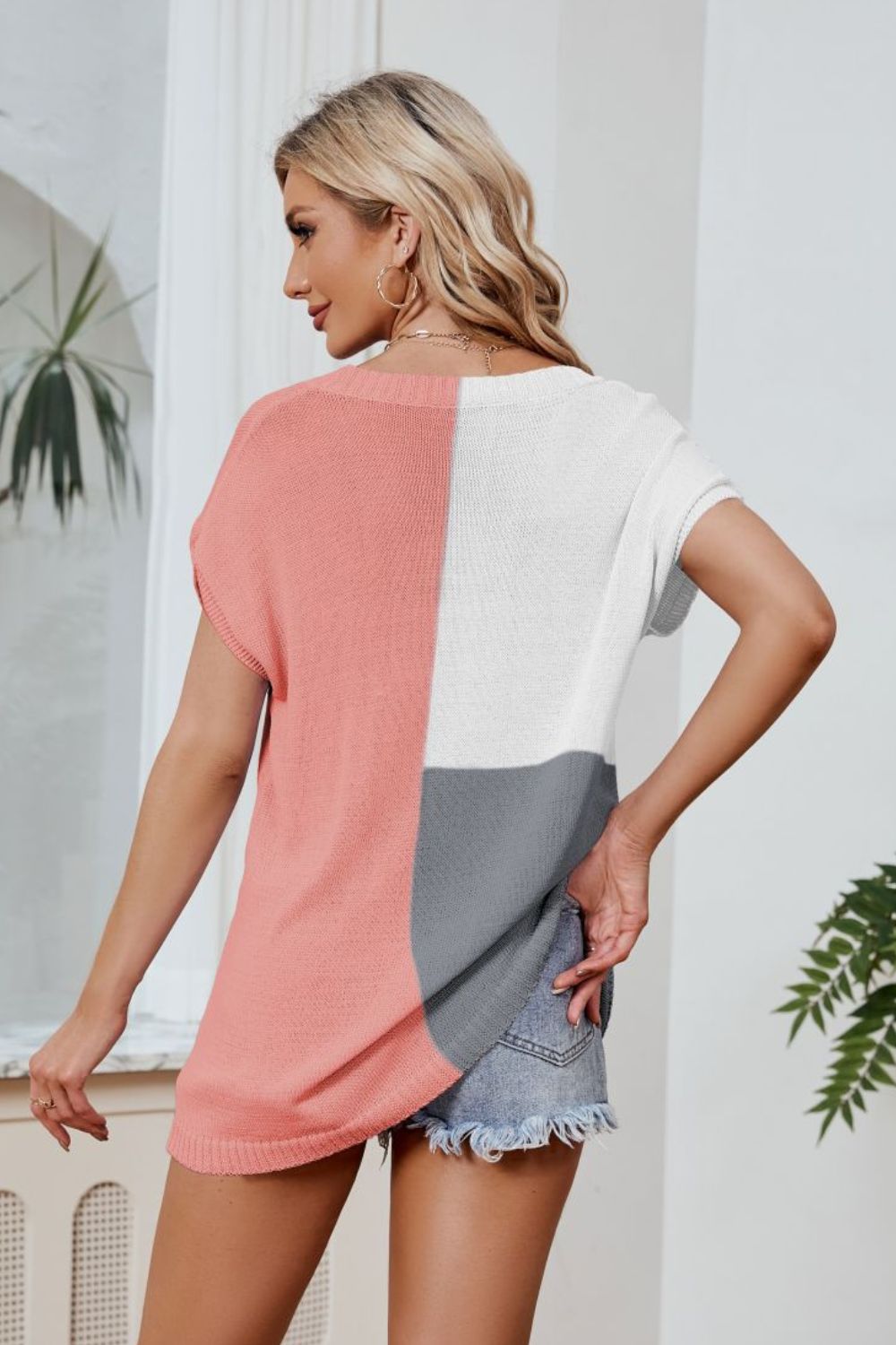 Color Block V-Neck Knit Top BLUE ZONE PLANET