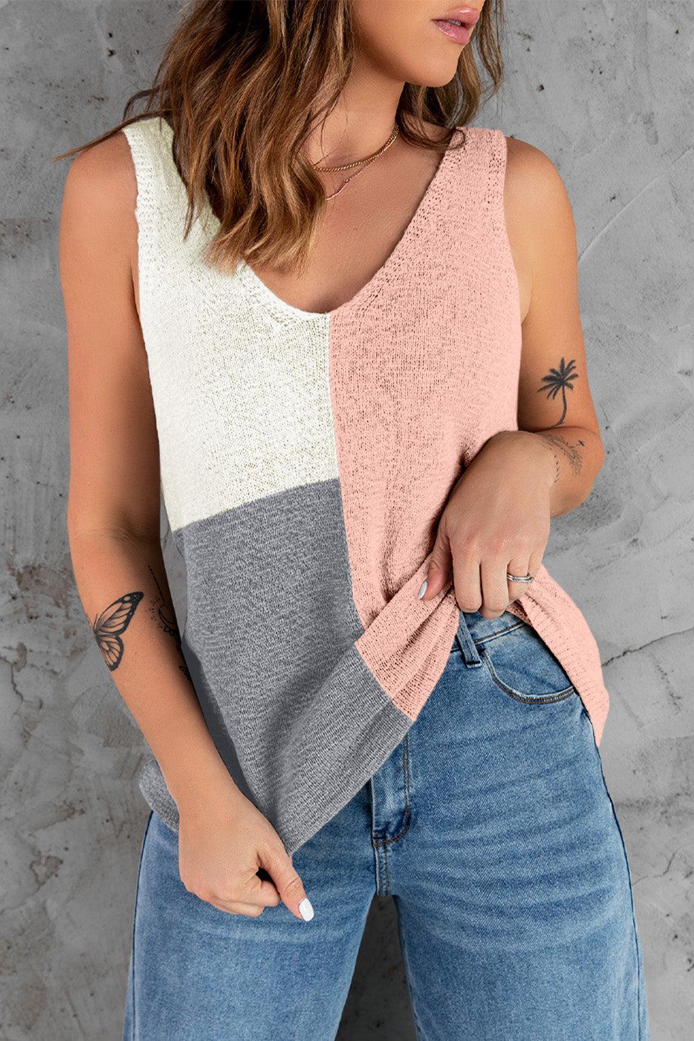 Color Block V-Neck Knitted Tank BLUE ZONE PLANET