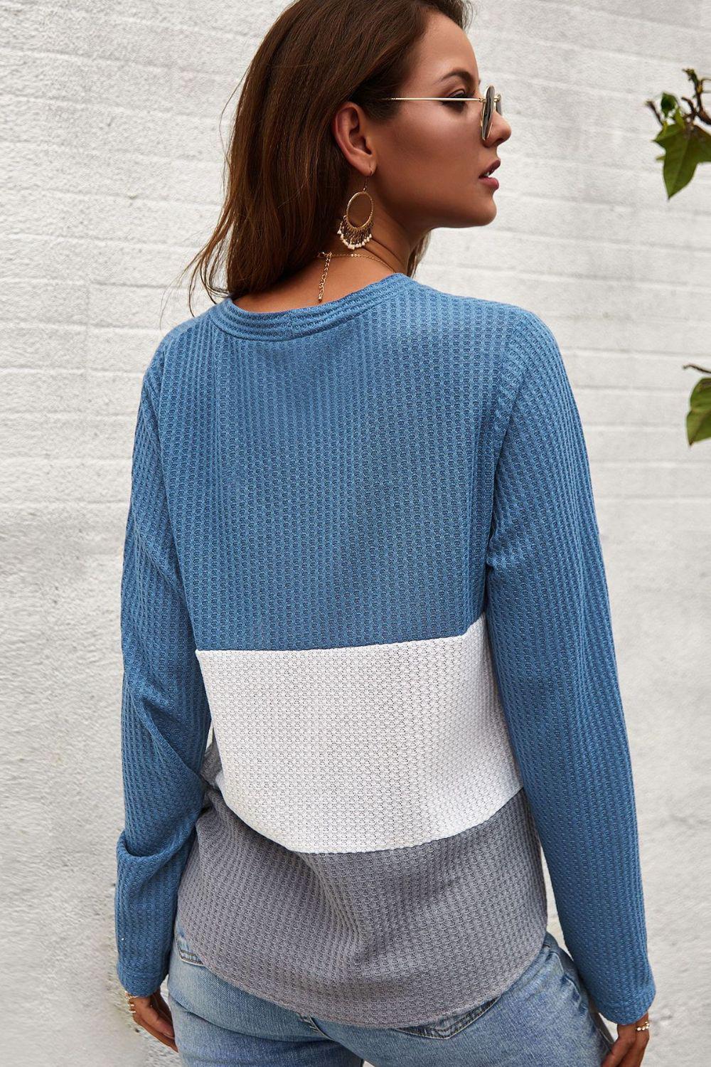Color Block Waffle Knit V-Neck Top-TOPS / DRESSES-[Adult]-[Female]-2022 Online Blue Zone Planet