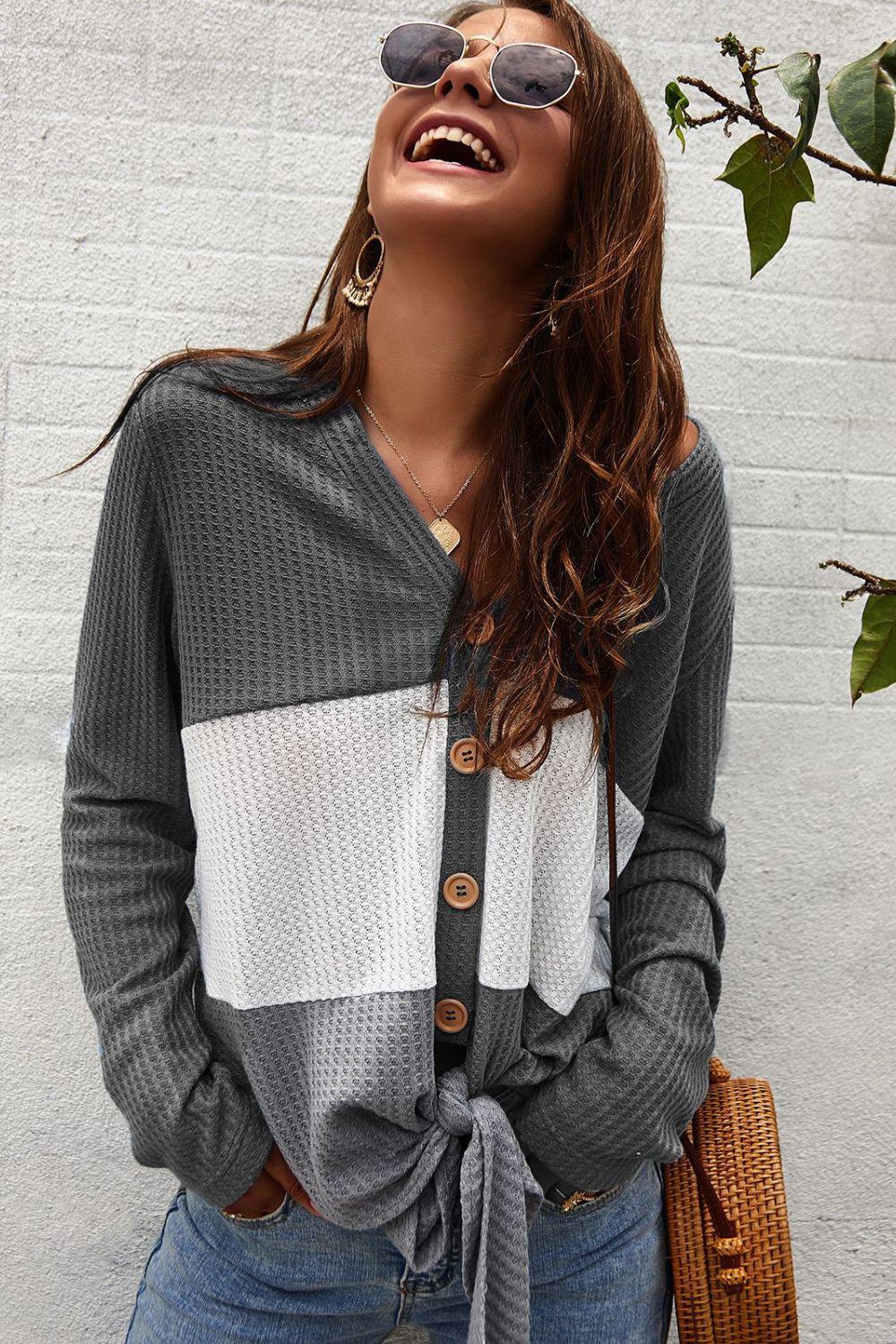 Color Block Waffle Knit V-Neck Top-TOPS / DRESSES-[Adult]-[Female]-2022 Online Blue Zone Planet