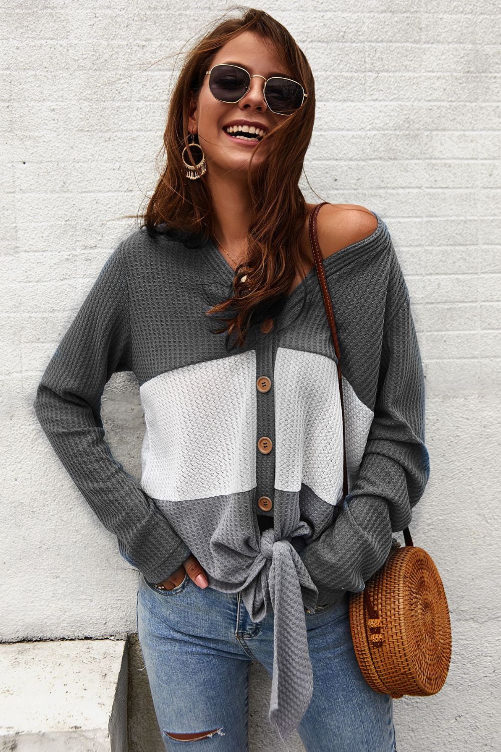 Color Block Waffle Knit V-Neck Top-TOPS / DRESSES-[Adult]-[Female]-2022 Online Blue Zone Planet