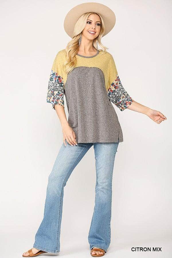 Colorblock Knit And Floral Print Mixed Top With Dolman Sleeve Blue Zone Planet