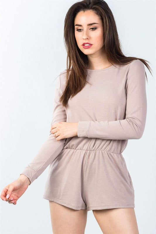 Comfy Tie-back Long Sleeve Romper-TOPS / DRESSES-[Adult]-[Female]-Taupe-S-Blue Zone Planet