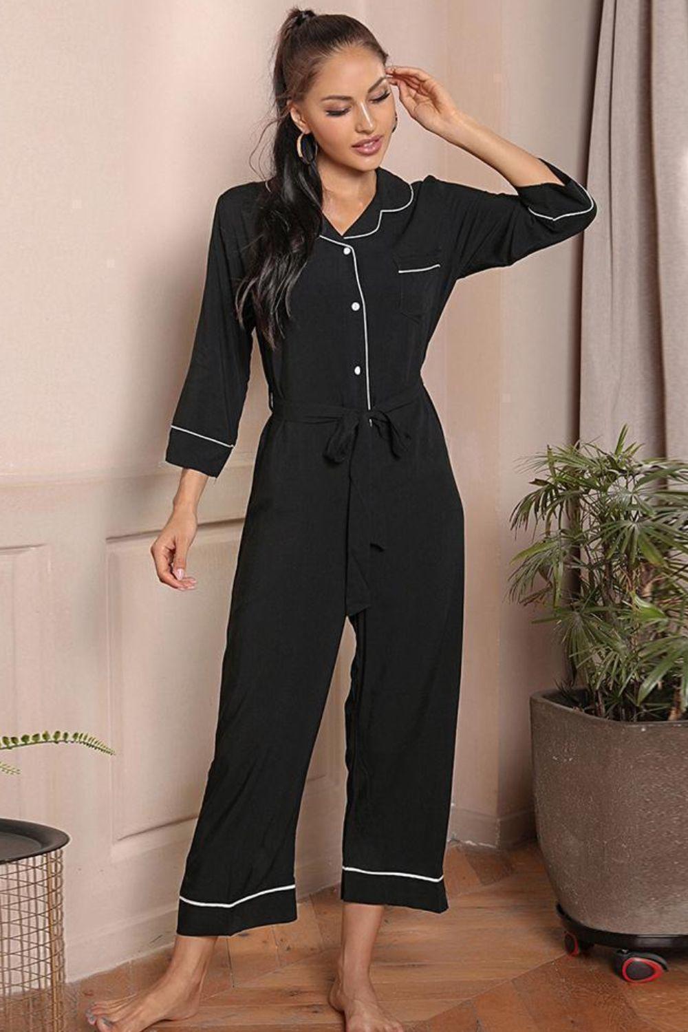 Contrast Belted Lapel Collar Jumpsuit BLUE ZONE PLANET