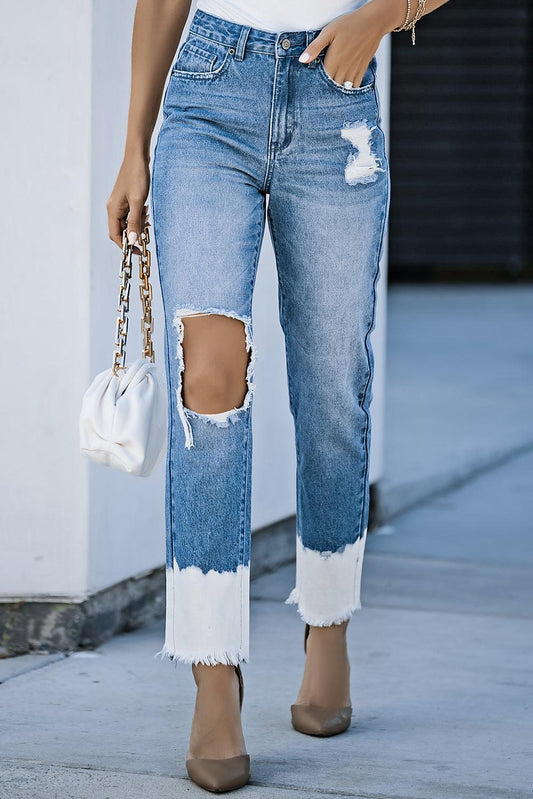 Contrast Distressed High Waist Jeans BLUE ZONE PLANET