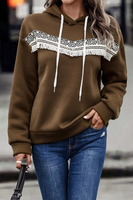 Contrast Fringe Detail Dropped Shoulder Hoodie BLUE ZONE PLANET