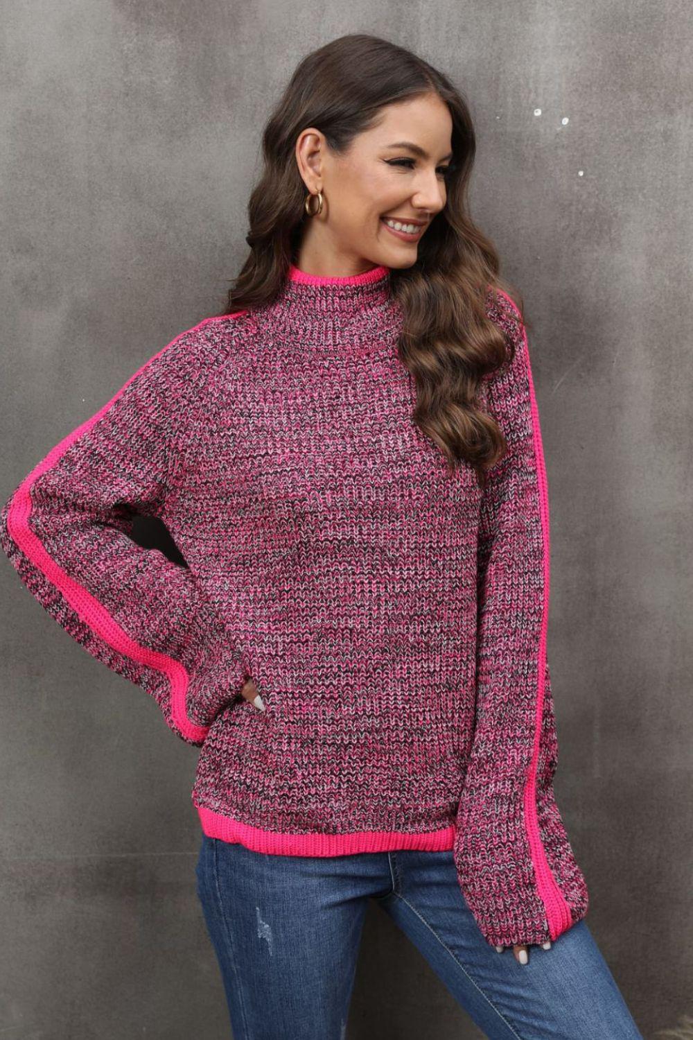 Contrast High Neck Sweater-TOPS / DRESSES-[Adult]-[Female]-Fuchsia-S-2022 Online Blue Zone Planet