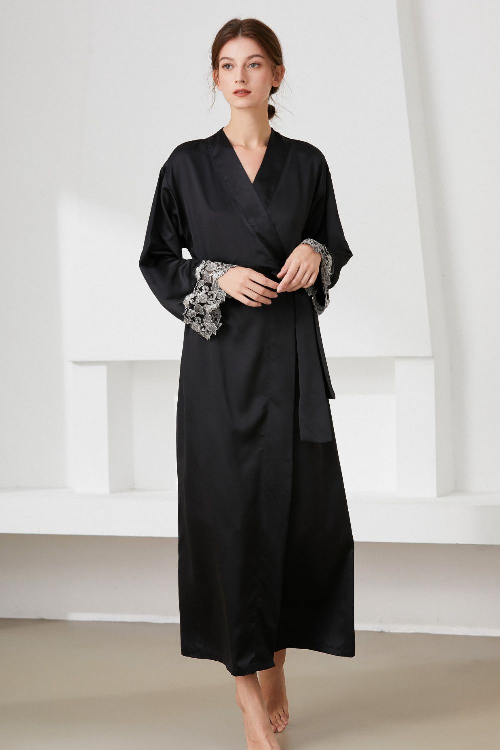 Contrast  Lace Trim Belted Robe BLUE ZONE PLANET