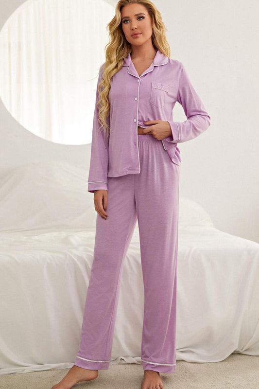 Contrast Piping Button Down Top and Pants Loungewear Set BLUE ZONE PLANET