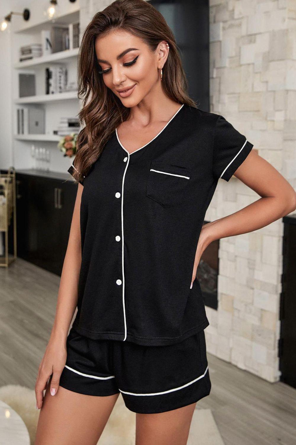 Contrast Piping Button-Up Top and Shorts Pajama Set BLUE ZONE PLANET