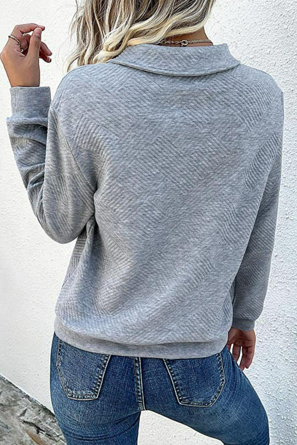 Contrast Ribbed Quarter-Snap Sweatshirt BLUE ZONE PLANET