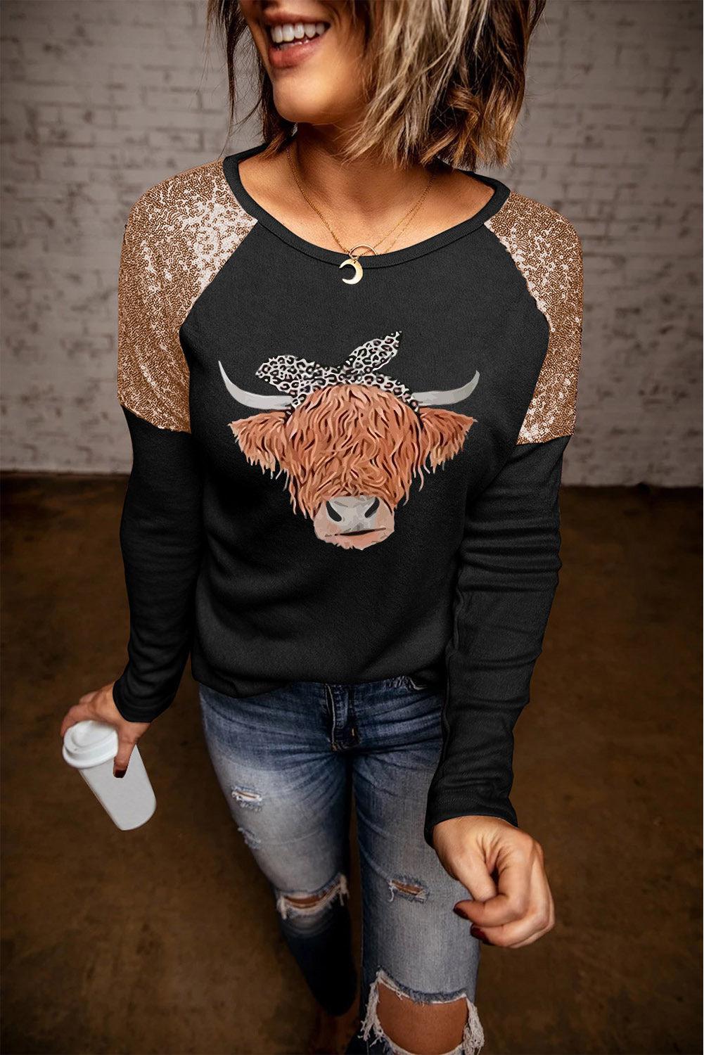 Contrast Sequin Animal Graphic Round Neck Top BLUE ZONE PLANET