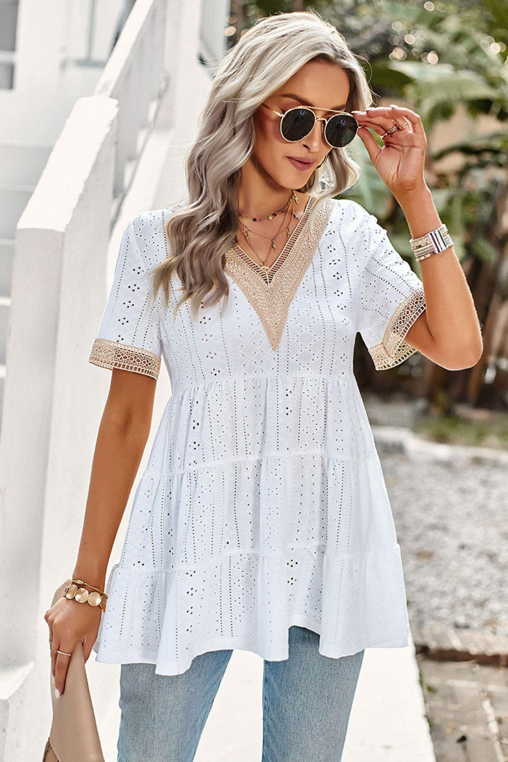 Contrast Short Sleeve Tiered Blouse BLUE ZONE PLANET