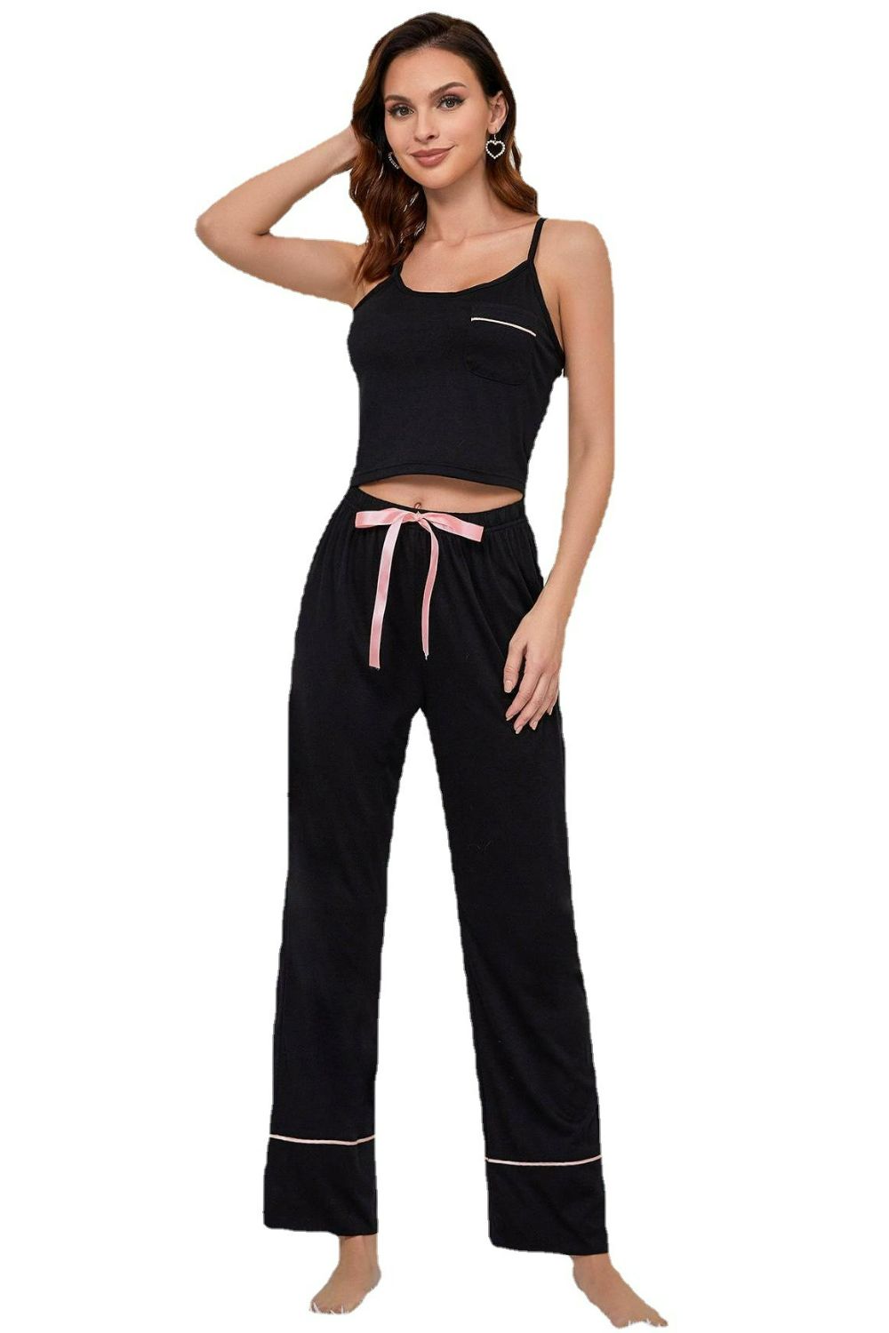 Contrast Trim Cropped Cami and Pants Loungewear Set BLUE ZONE PLANET