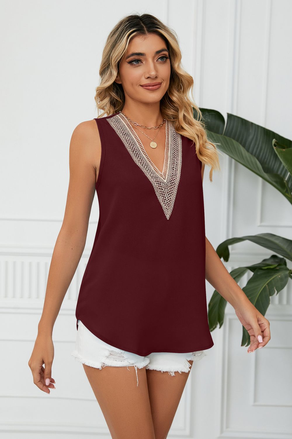 Contrast Trim Plunge Sleeveless Blouse BLUE ZONE PLANET