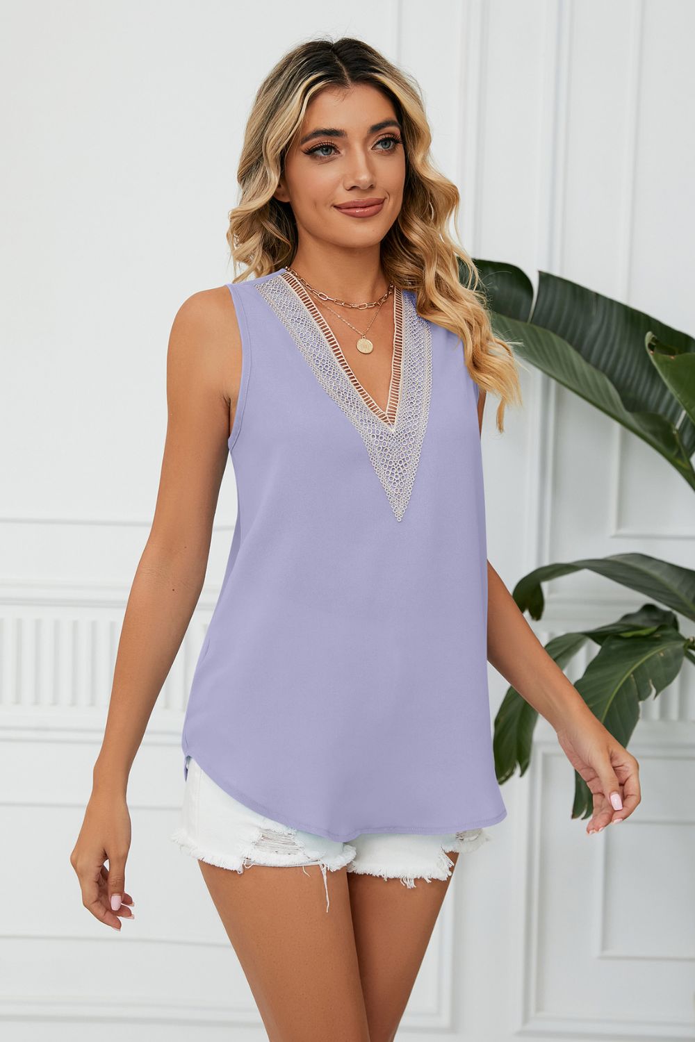 Contrast Trim Plunge Sleeveless Blouse BLUE ZONE PLANET