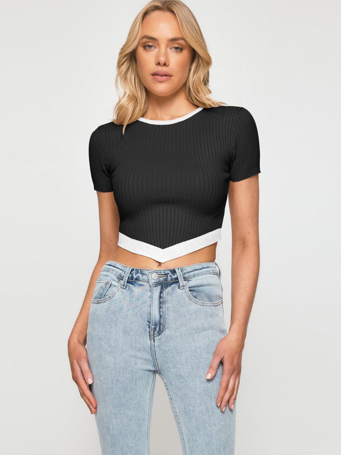Contrast Trim Pointed Hem Ribbed Crop Top BLUE ZONE PLANET