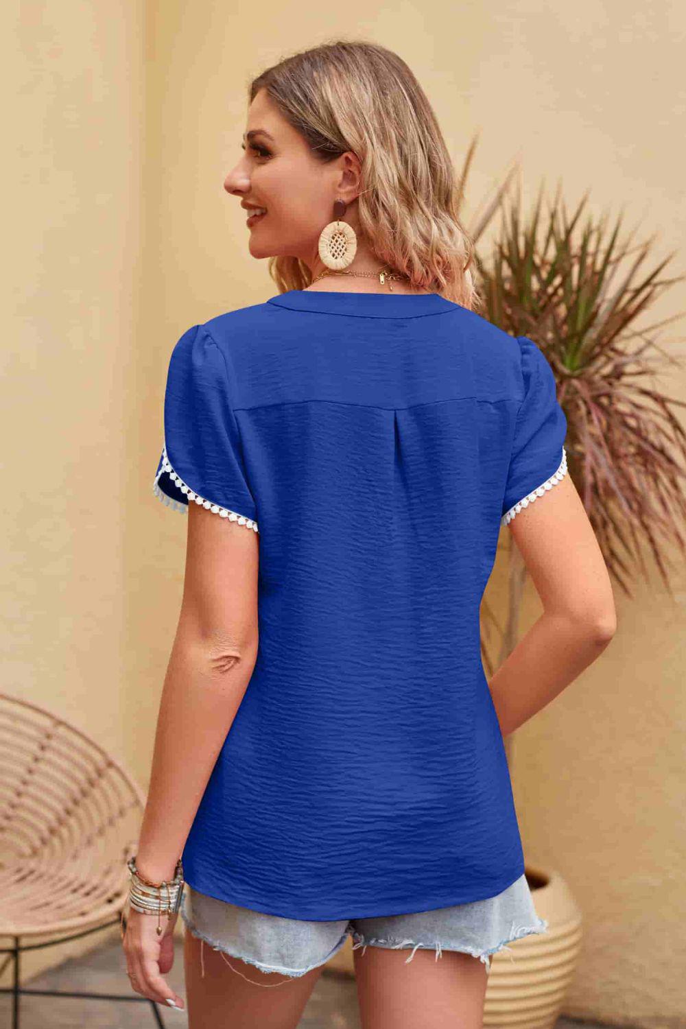 Contrast Trim Pom-Pom Detail Notched Neck Blouse BLUE ZONE PLANET