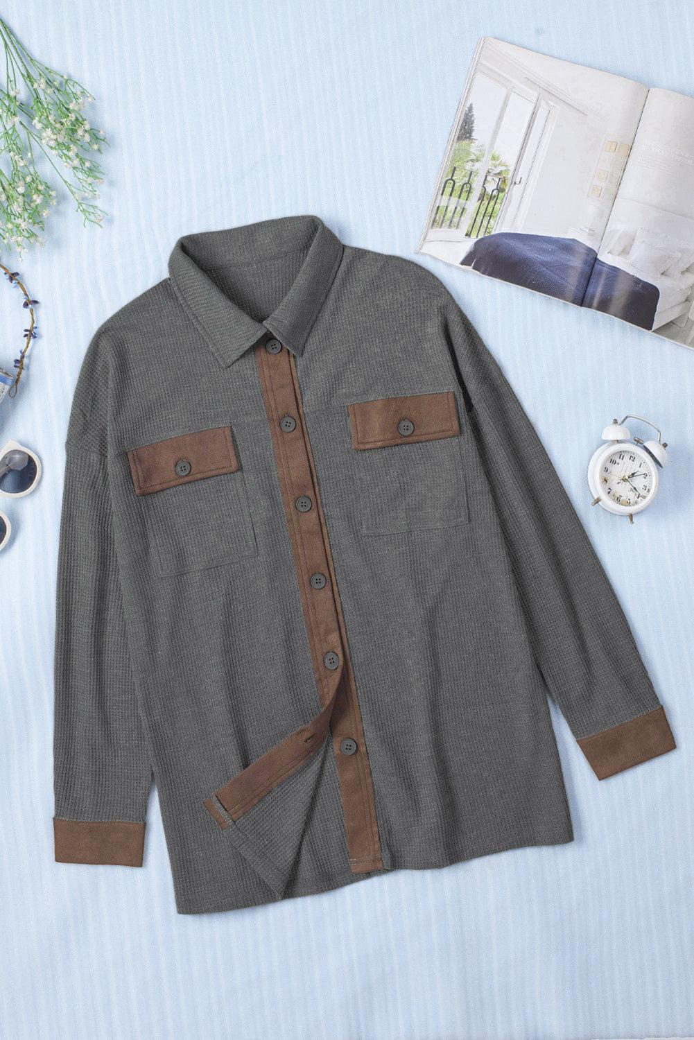 Contrast Waffle-Knit Shirt Jacket-TOPS / DRESSES-[Adult]-[Female]-Blue Zone Planet