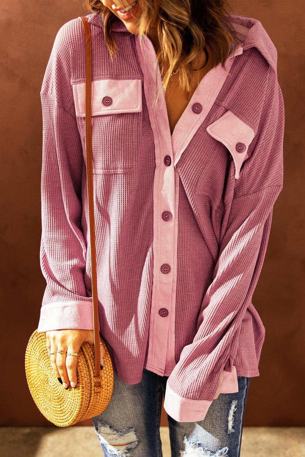 Contrast Waffle-Knit Shirt Jacket-TOPS / DRESSES-[Adult]-[Female]-Pink-S-Blue Zone Planet