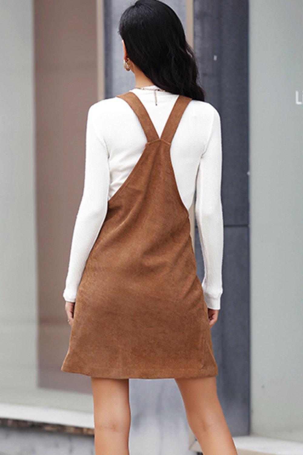 Corduroy Mini Overall Dress with Pocket-TOPS / DRESSES-[Adult]-[Female]-Blue Zone Planet