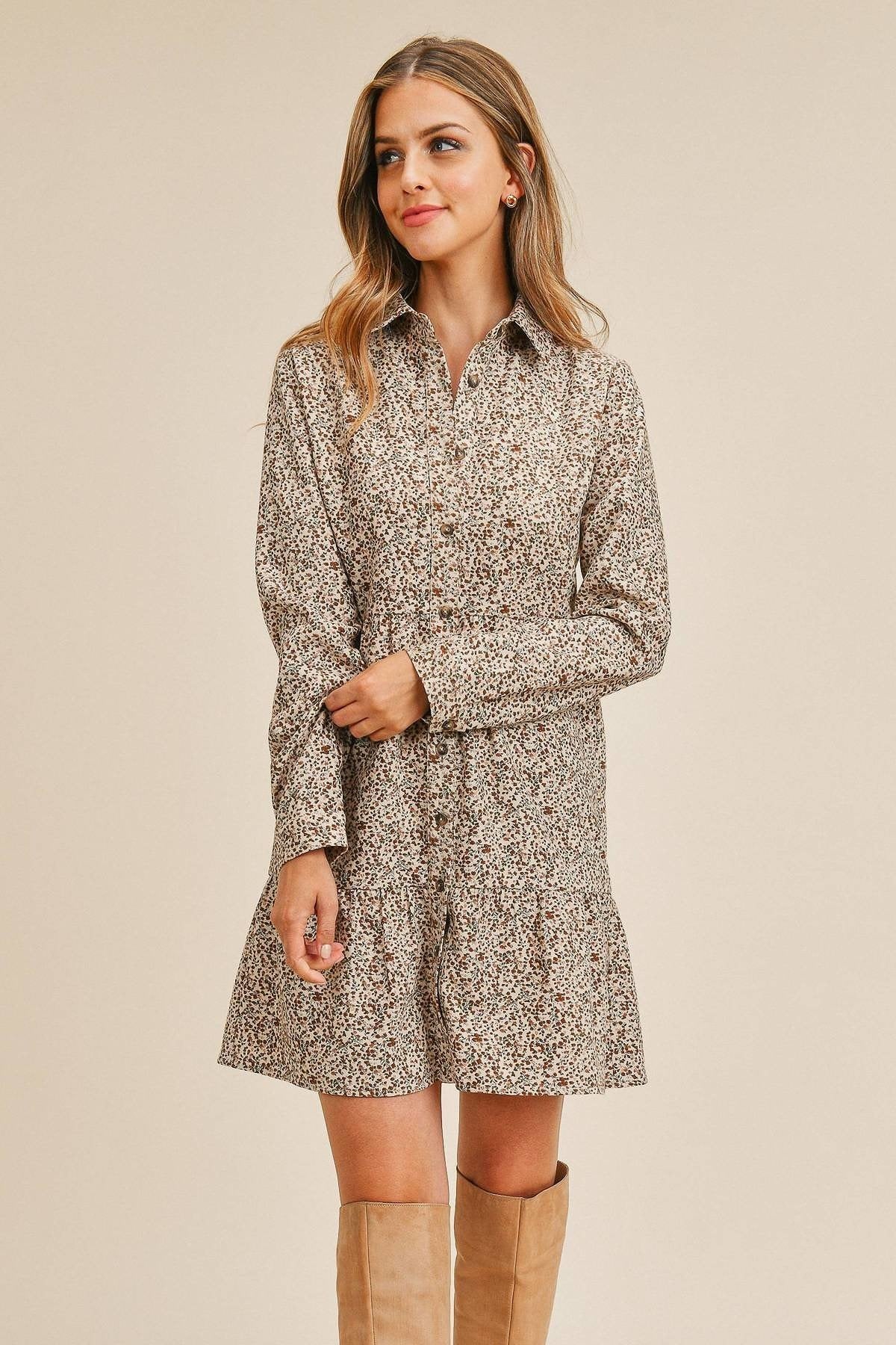 Corduroy Printed Button Down Front Collar Long Sleeve Dress-TOPS / DRESSES-[Adult]-[Female]-Blue Zone Planet