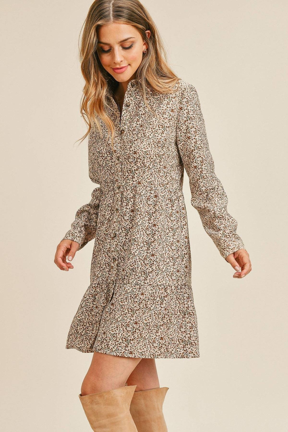 Corduroy Printed Button Down Front Collar Long Sleeve Dress-TOPS / DRESSES-[Adult]-[Female]-Blue Zone Planet