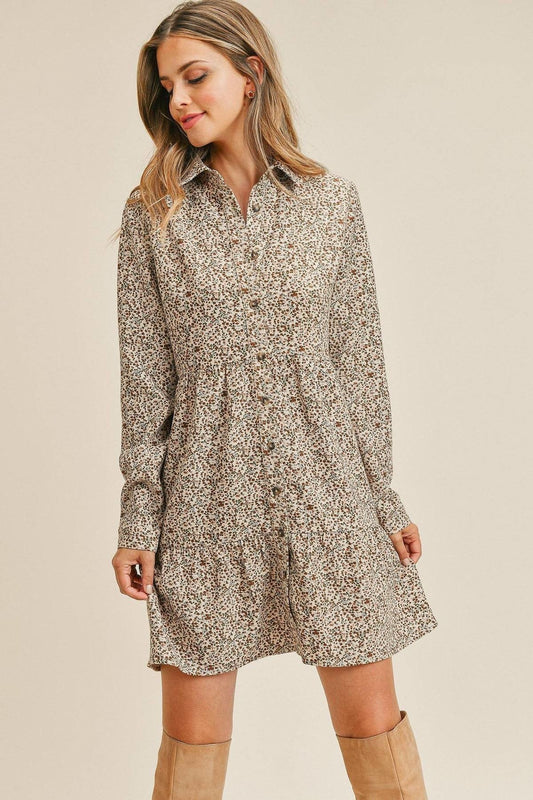 Corduroy Printed Button Down Front Collar Long Sleeve Dress Blue Zone Planet