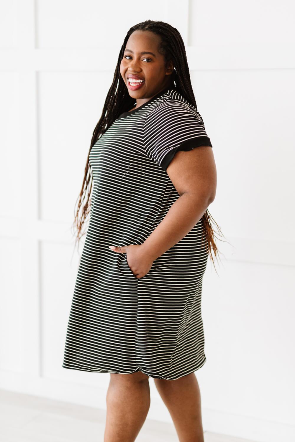 Cotton Bleu Simplicity is Best Full Size Striped T-Shirt Dress in Black BLUE ZONE PLANET