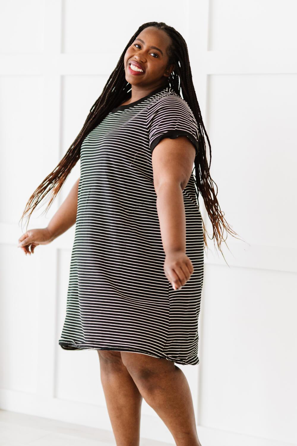 Cotton Bleu Simplicity is Best Full Size Striped T-Shirt Dress in Black BLUE ZONE PLANET