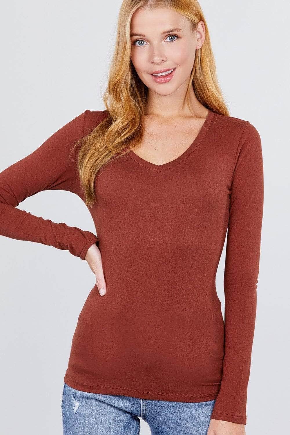 Cotton Jersey V-neck Top-TOPS / DRESSES-[Adult]-[Female]-Dark Rust-S-Blue Zone Planet