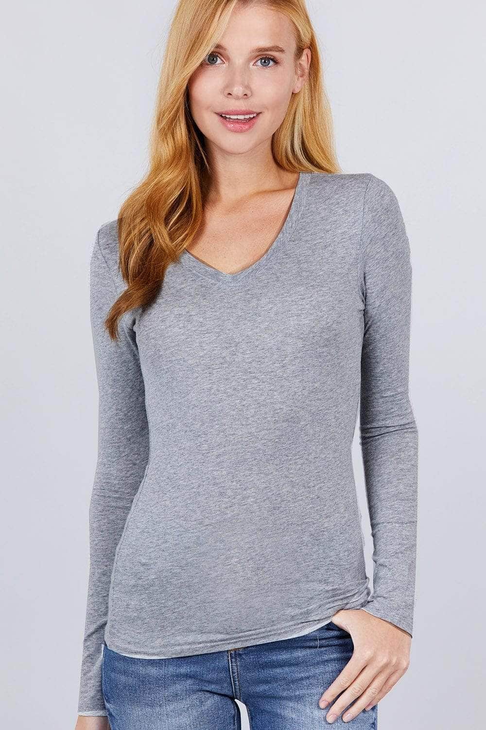 Cotton Jersey V-neck Top-TOPS / DRESSES-[Adult]-[Female]-Heather Grey-S-Blue Zone Planet